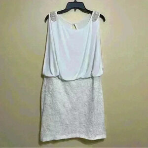 Scarlett Nite Ivory Sleeveless Layered Dress Flowy Top Fitted Lace Skirt Lined